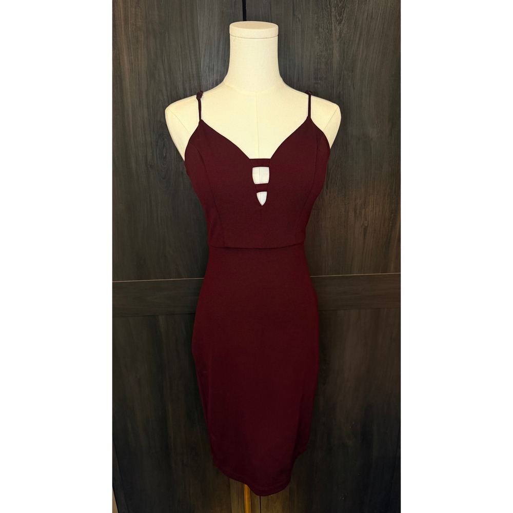 Midi Cocktail Dress Cutout‎ Neckline Bodycon Womans Burgundy Size 3/4
